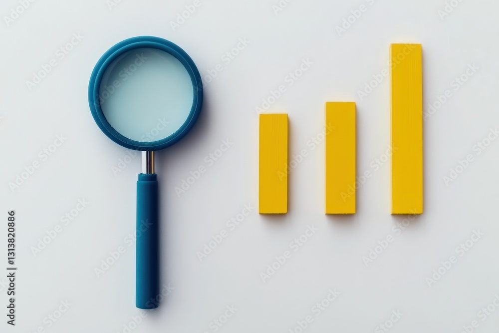 Magnifying glass analyzing upward yellow bar graph trend Magnifying glass analyzing upward yellow bar graph trend