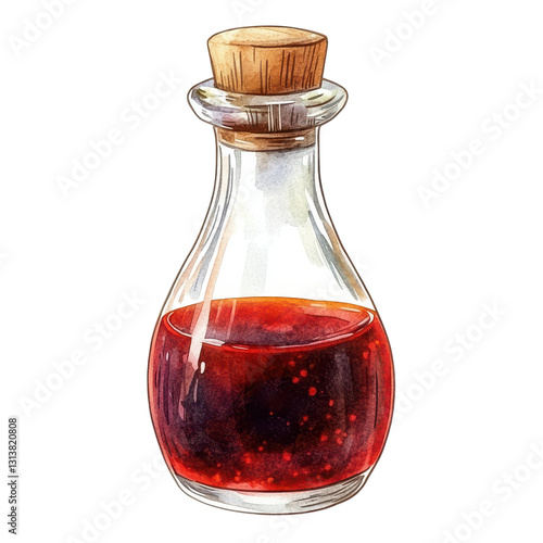 watercolor illustration Glass bottle filled with red liquid and a wooden cork. on transparent cutout, PNG file