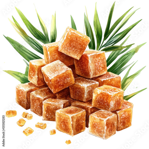 watercolor illustration Brown sugar cubes with tropical leaves. on transparent cutout, PNG file