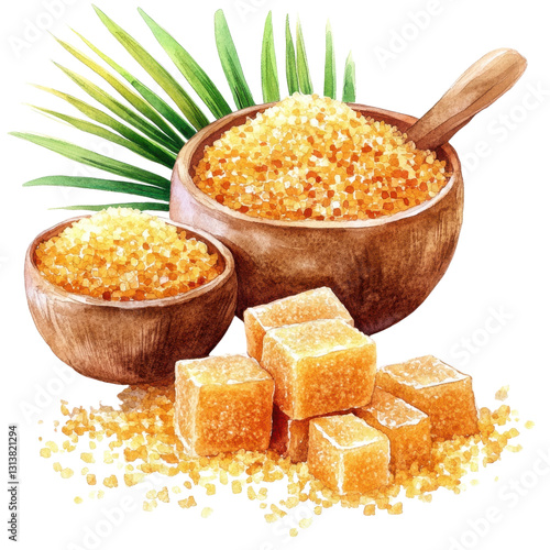 watercolor illustration Brown sugar in wooden bowls with palm leaves. on transparent cutout, PNG file