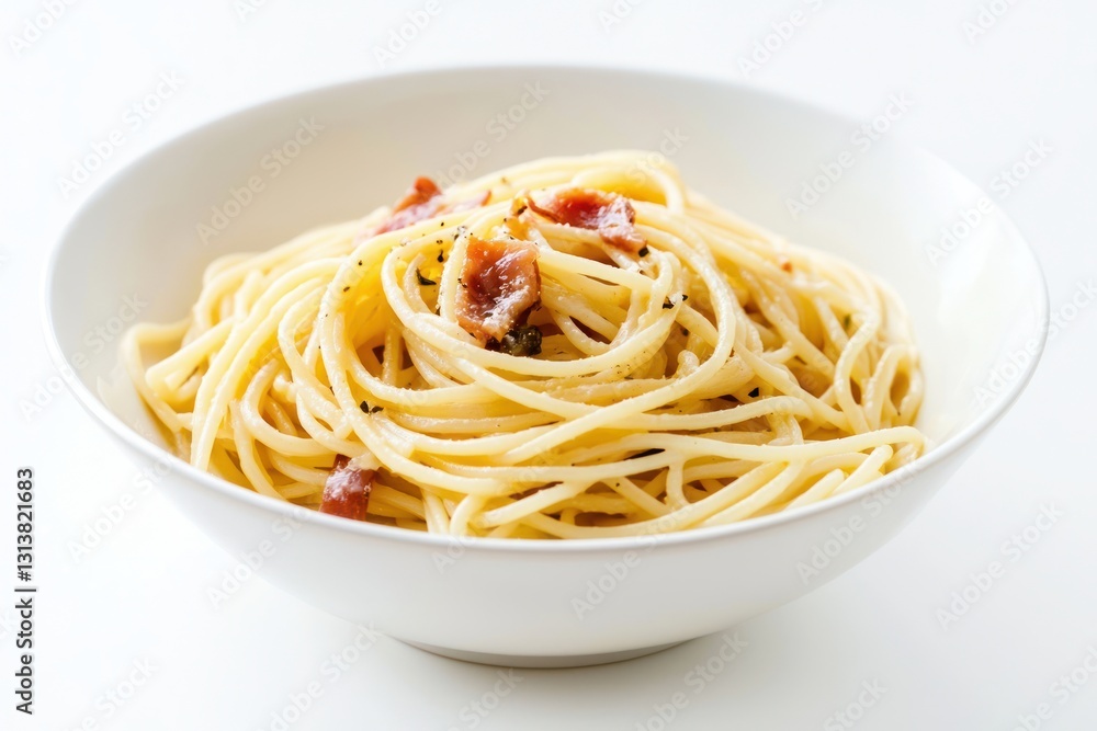 Simple and delicious spaghetti carbonara served in a minimalist white bowl on bright neutral background for healthy eating Simple and delicious spaghetti carbonara served in a minimalist white bowl on bright neutral background for healthy eating