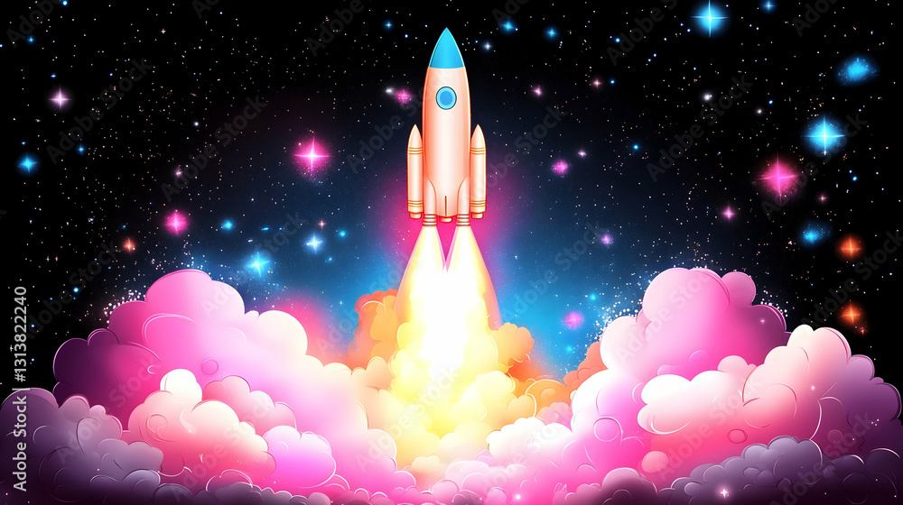 A vibrant rocket launches through colorful nebula clouds into a starry night sky A vibrant rocket launches through colorful nebula clouds into a starry night sky