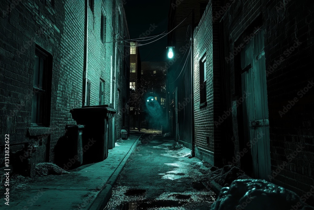 A dark alleyway with a trash can and a light on the wall. The alleyway is wet and the light is green A dark alleyway with a trash can and a light on the wall. The alleyway is wet and the light is green