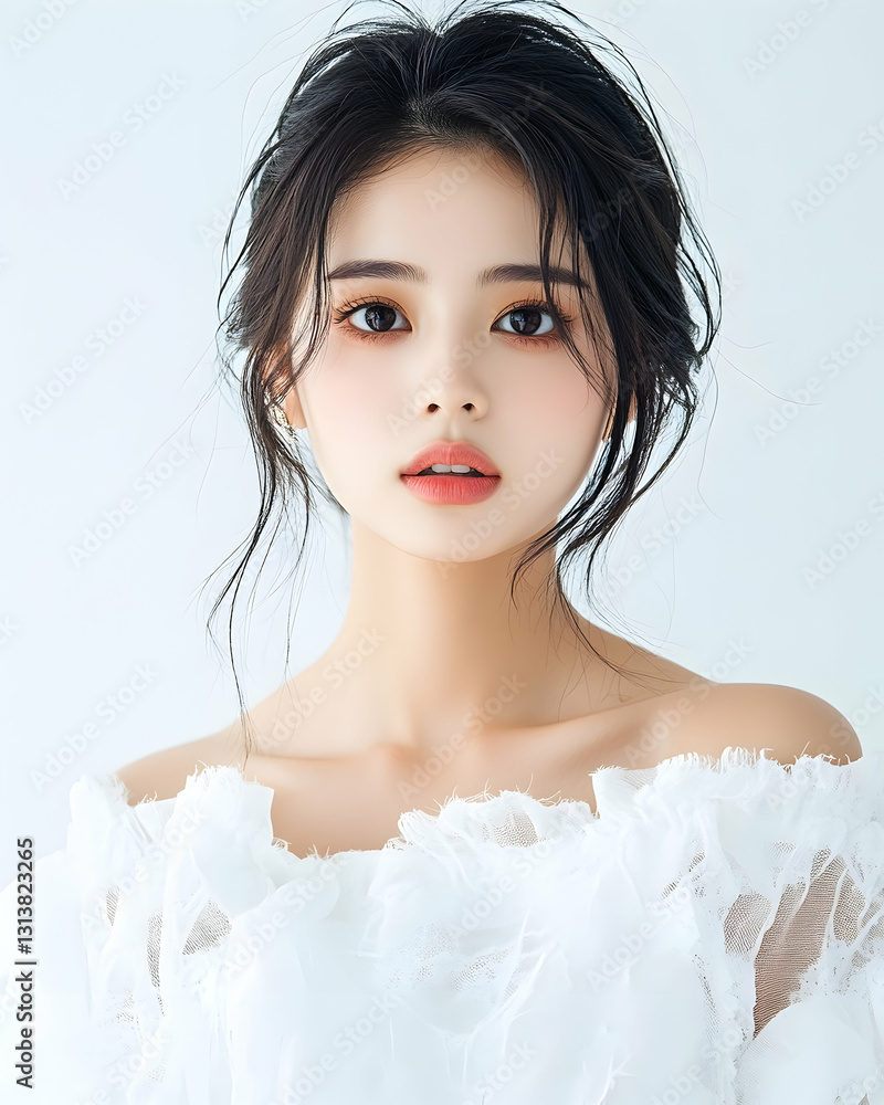 A young woman with dark hair styled in a loose bun, wearing a white off-the-shoulder top, looks directly at the camera with a soft, natural makeup look A young woman with dark hair styled in a loose bun, wearing a white off-the-shoulder top, looks directly at the camera with a soft, natural makeup look