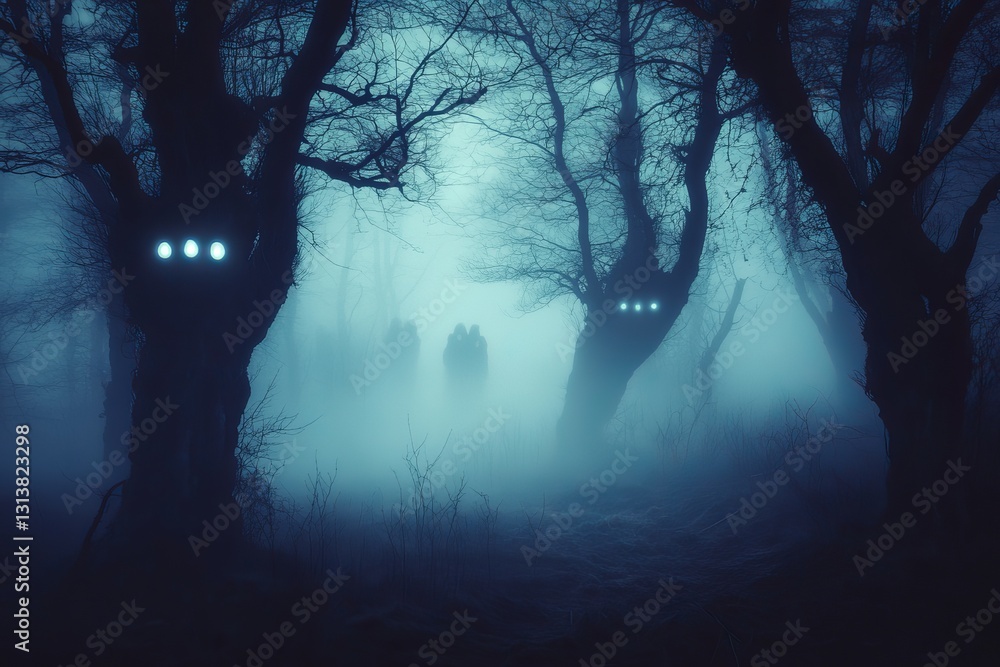 Obraz premium A forest with two trees that have glowing eyes on them. The trees are surrounded by fog and the mood of the image is eerie and mysterious