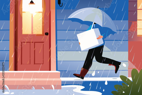 A determined delivery person sprints through a torrential downpour, utilizing an umbrella, while carrying packages.