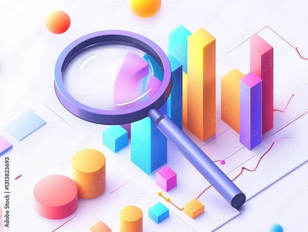 Magnifying glass over data charts; business analysis Magnifying glass over data charts; business analysis