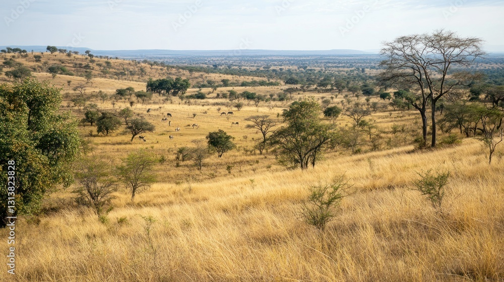 A panoramic view of the African savanna grassland landscape A panoramic view of the African savanna grassland landscape