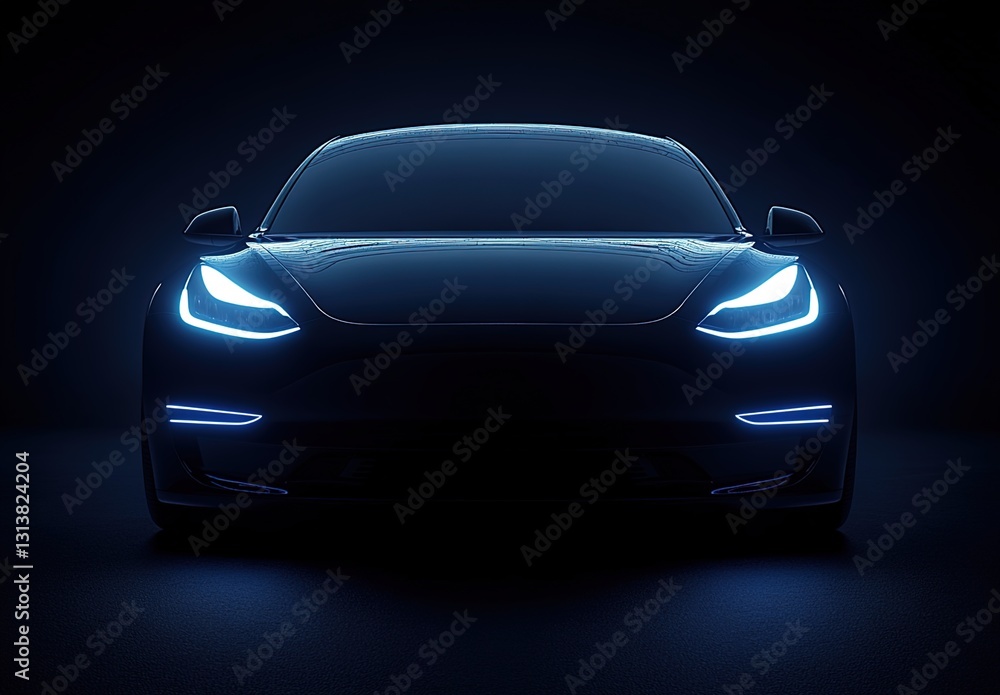 A black silhouette of the front end of an electric car, illuminated by white headlights against a dark background. A black silhouette of the front end of an electric car, illuminated by white headlights against a dark background.