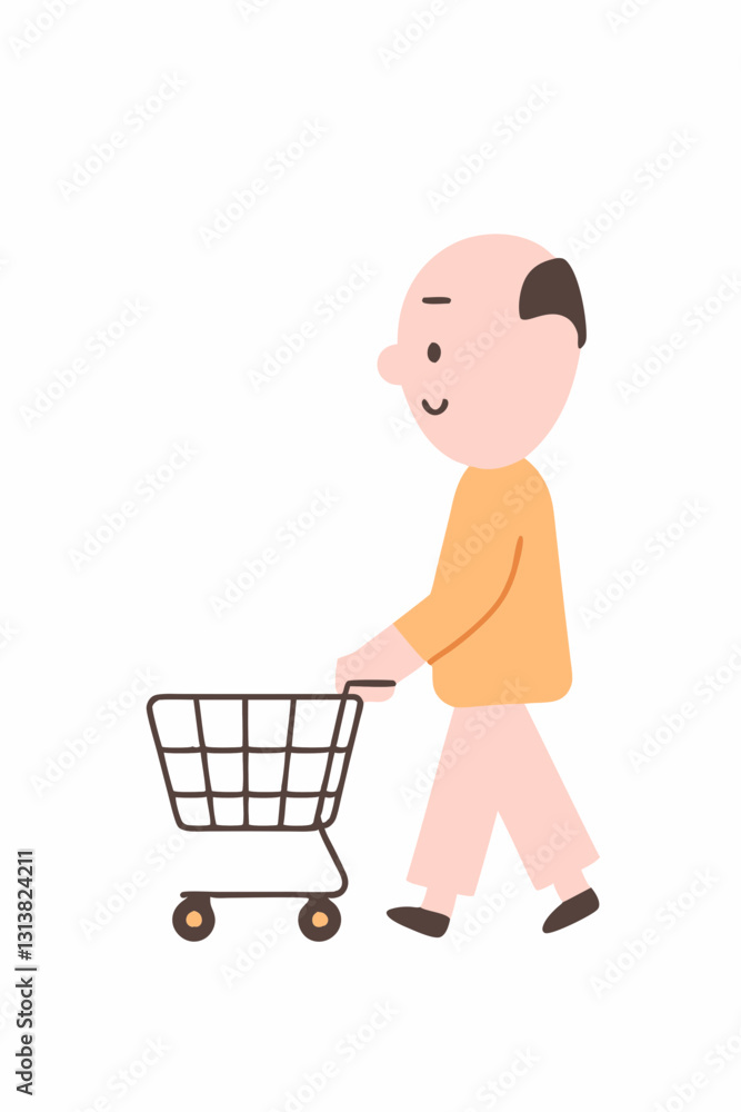 cheerful illustration of bald man wearing orange shirt and light pants, pushing shopping cart on transparency background. minimalistic design conveys simplicity and positivity cheerful illustration of bald man wearing orange shirt and light pants, pushing shopping cart on transparency background. minimalistic design conveys simplicity and positivity