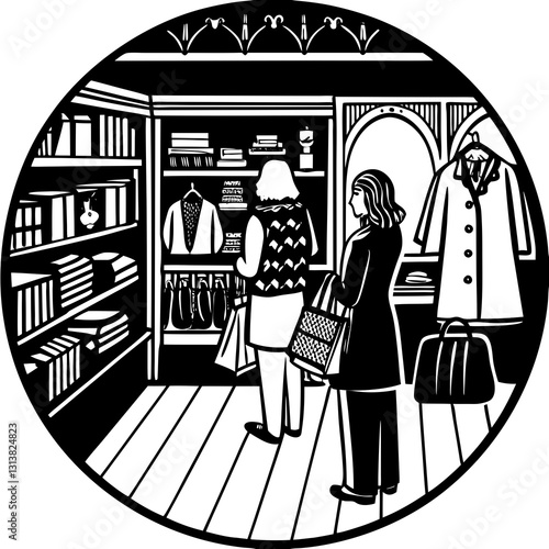 Two women shopping in boutique store, browsing clothing and accessories in stylish and organized interior with shelves, racks, and mirror