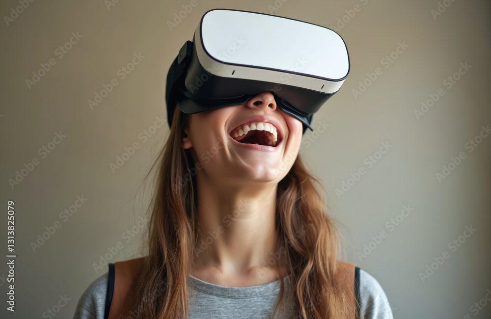 Joyful woman with VR headset experiences virtual reality. Excited female laughs wearing VR goggles, explores digital world, enjoys happy cheerful expressions. Metaverse concept, modern tech, Joyful woman with VR headset experiences virtual reality. Excited female laughs wearing VR goggles, explores digital world, enjoys happy cheerful expressions. Metaverse concept, modern tech,