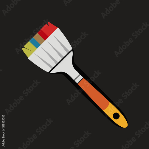 colorful paintbrush with white bristle head and orange handle, depicted on dark background, showcasing creative and artistic design