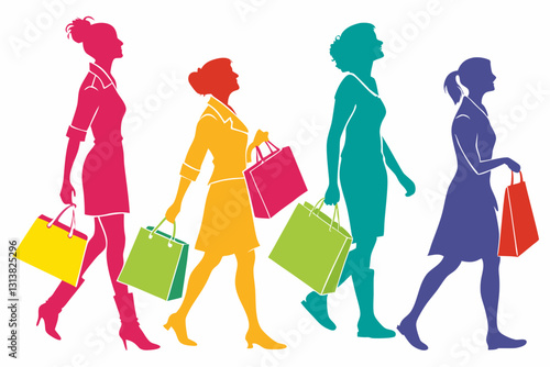 Silhouettes of women walking with shopping bags in vibrant colors, representing shopping and fashion in modern and stylish way