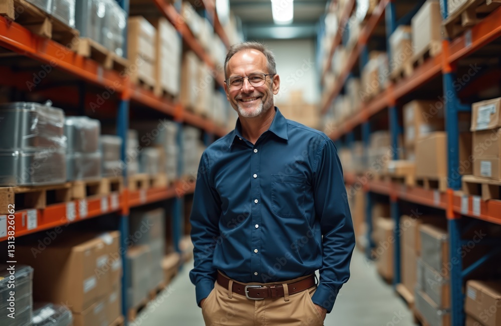 Smiling caucasian middle-aged worker in hardware warehouse. Man stands with hands in trouser pockets. Shelves full of various hardware items behind. Retail employee, confident salesman, trade expert, Smiling caucasian middle-aged worker in hardware warehouse. Man stands with hands in trouser pockets. Shelves full of various hardware items behind. Retail employee, confident salesman, trade expert,