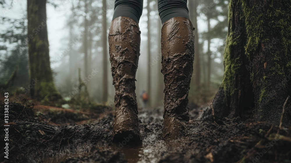 Person walking through a muddy forest trail in rubber boots, surrounded by tall trees and mist Person walking through a muddy forest trail in rubber boots, surrounded by tall trees and mist