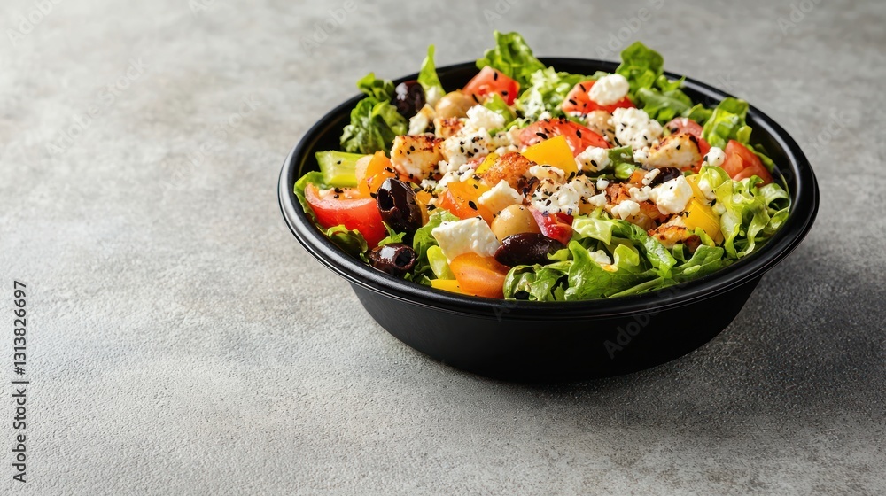 Fresh and Delicious Salad Bowl Close Up on Grey Backdrop Studio Shot Healthy Meal with Feta Tomatoes and Olives Fresh and Delicious Salad Bowl Close Up on Grey Backdrop Studio Shot Healthy Meal with Feta Tomatoes and Olives