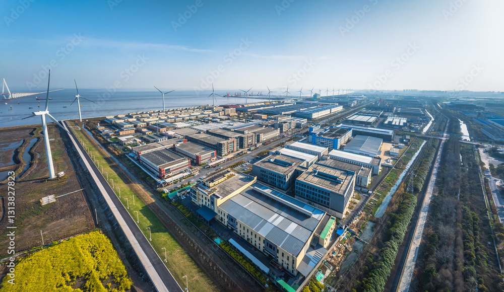 Αυτοκόλλητο Aerial view of industrial park with wind turbines near the coast