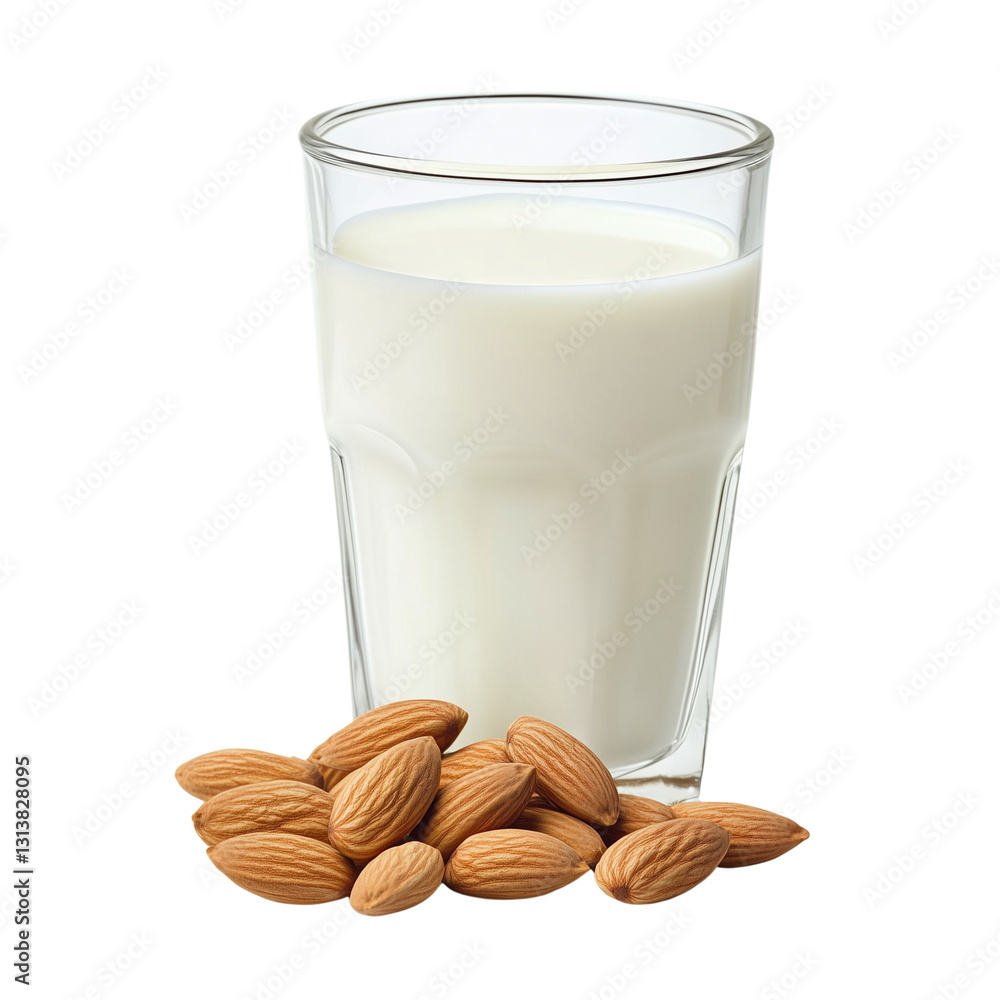 A glass of fresh almond milk placed on a clean white surface, with a few almonds scattered on transparent png background. Ai generated A glass of fresh almond milk placed on a clean white surface, with a few almonds scattered on transparent png background. Ai generated