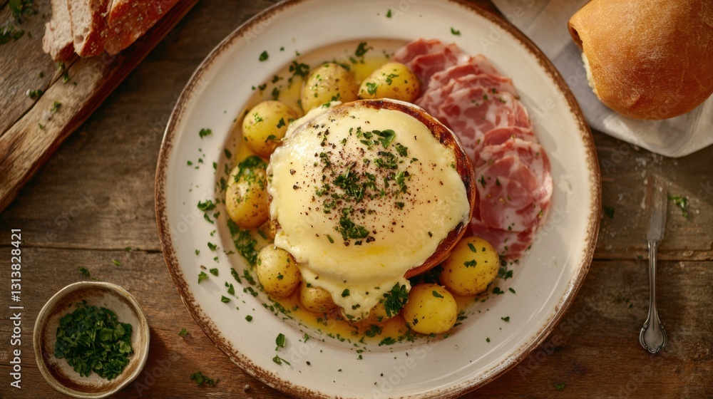 Deliciously plated eggs benedict with potatoes, ham, and herbs on a rustic wooden table Deliciously plated eggs benedict with potatoes, ham, and herbs on a rustic wooden table