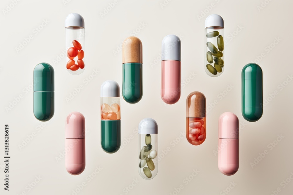 levitating various capsules with vitamins on a neutral background levitating various capsules with vitamins on a neutral background