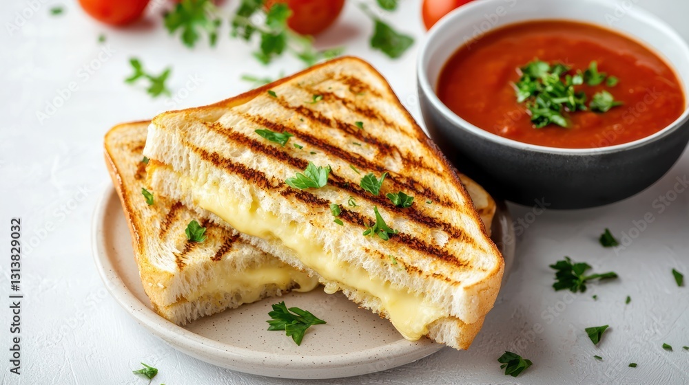 Grilled cheese sandwich with tomato soup for cozy lunch in bright kitchen setting from above shot Grilled cheese sandwich with tomato soup for cozy lunch in bright kitchen setting from above shot