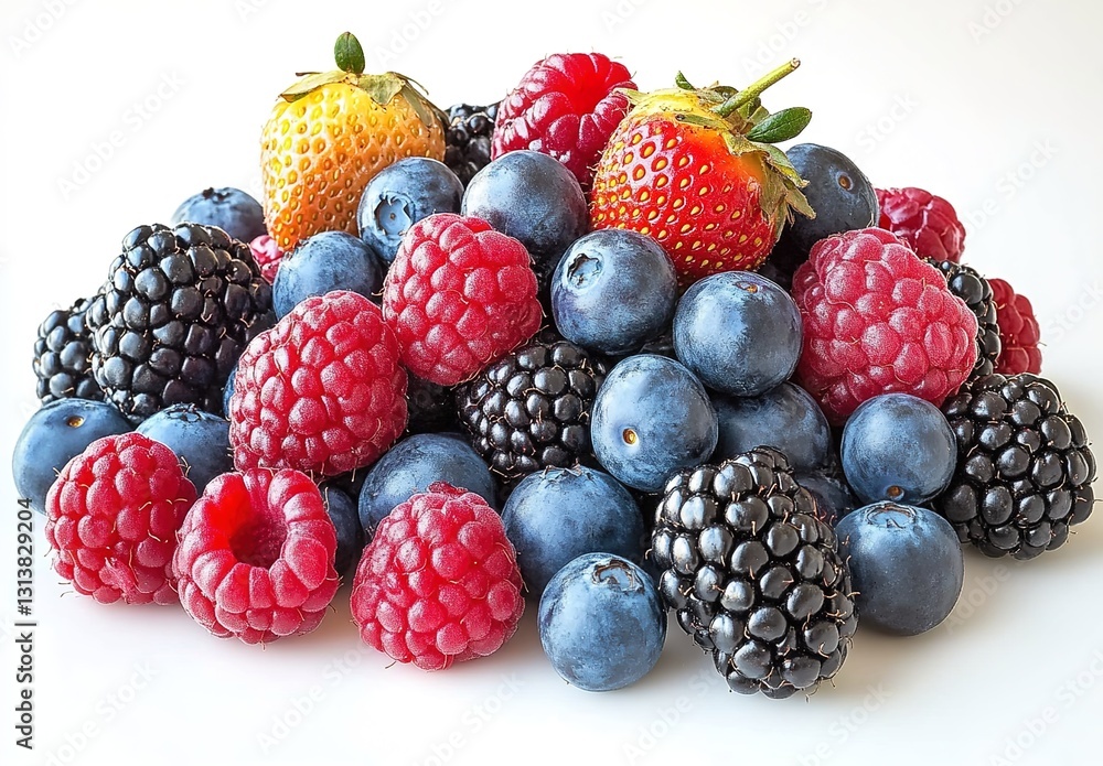 A pile of mixed berries including blueberries, blackberries, native strawberries, and raspberries on a white background. A pile of mixed berries including blueberries, blackberries, native strawberries, and raspberries on a white background.