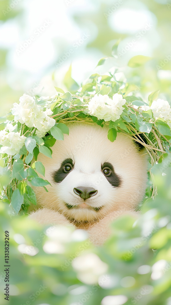 Adorable panda cub peeking from lush greenery, wearing a flower crown Adorable panda cub peeking from lush greenery, wearing a flower crown