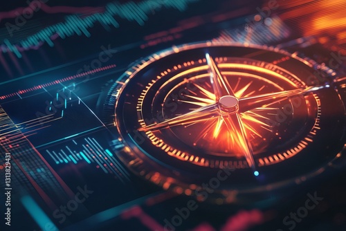 A computer screen shows a colorful, glowing compass with a red dot in the center. Concept of technology and modernity, as well as a sense of direction and guidance