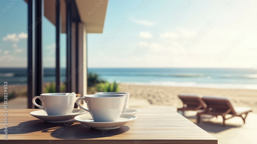 Obraz premium Enjoying coffee by the beach at sunrise