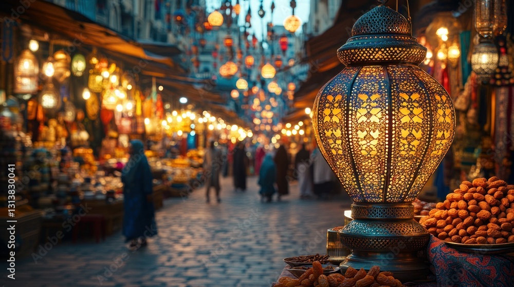 Obraz premium Evening market, intricate lantern, bustling street