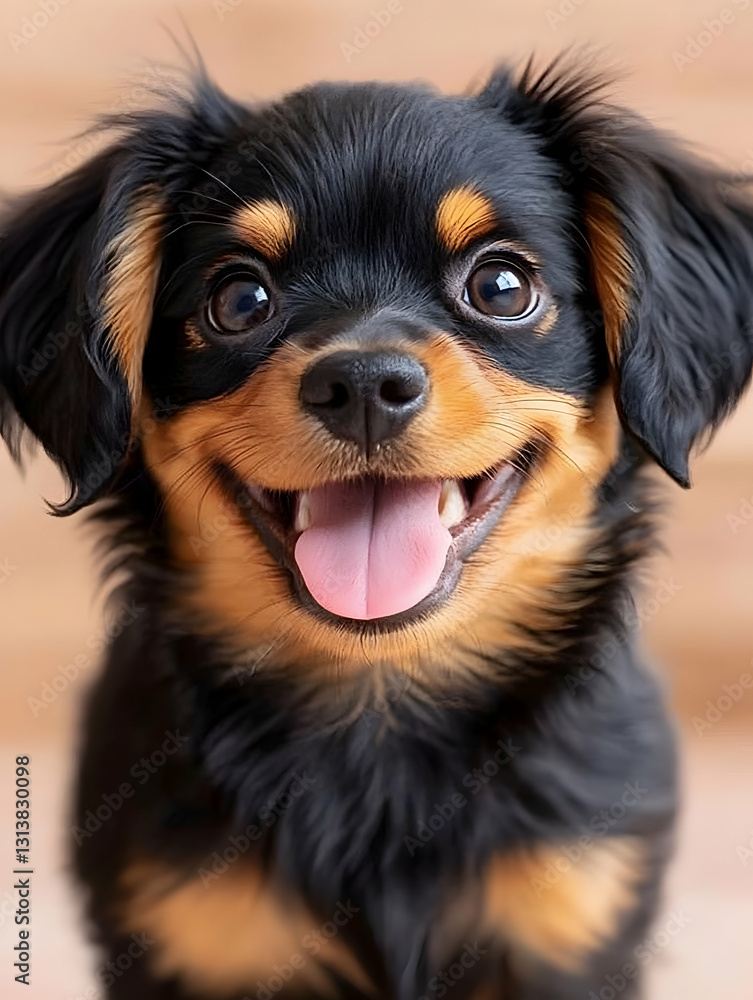 Adorable small dog with black and tan fur, big eyes, and a happy expression Adorable small dog with black and tan fur, big eyes, and a happy expression