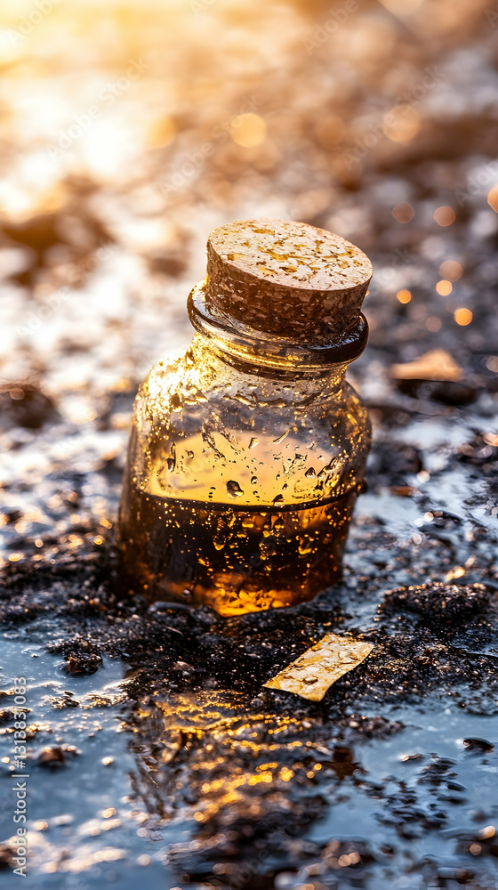 Amber liquid in glass bottle rests in muddy puddle, backlit by sunlight Amber liquid in glass bottle rests in muddy puddle, backlit by sunlight