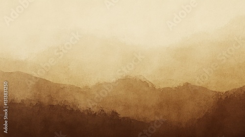Brown and beige watercolor landscape art featuring layered hills and mountains