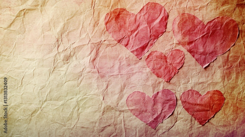 Fototapeta premium Red paper hearts arranged on an aged and textured background