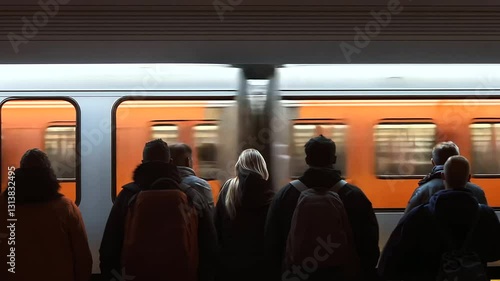Busy subway train during rush hour with passengers boarding
