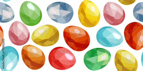 Seamless Easter eggs pattern with faceted gemstone texture, bright colors, Spring holiday design, Festive holiday vector background, Modern graphic art, colored gouache Easter eggs