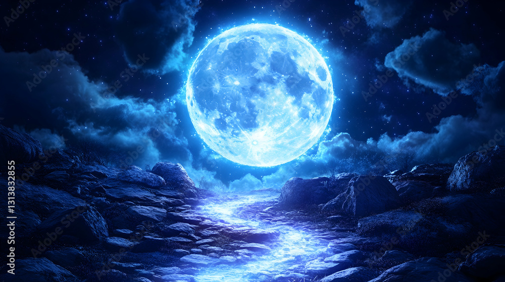 Fototapeta premium Blue moon illuminating a rocky path at night, clouds and stars visible