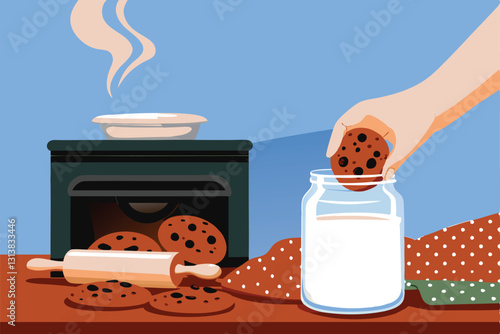 A hand delicately reaches into a glass jar overflowing with warm, freshly baked chocolate chip cookies, crumbs dusting the hand.