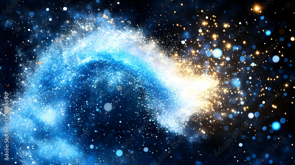 Celestial swirl of blue and gold energy with sparkling particles against a dark background Celestial swirl of blue and gold energy with sparkling particles against a dark background
