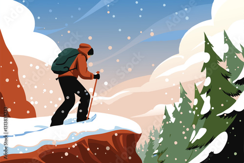 A lone hiker, clad in a parka, ascends a snow-covered ridge, utilizing an ice axe; dramatic winter mountain scene.