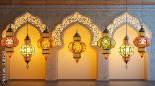 Decorative colorful lamps hanging with elegant architectural arched design