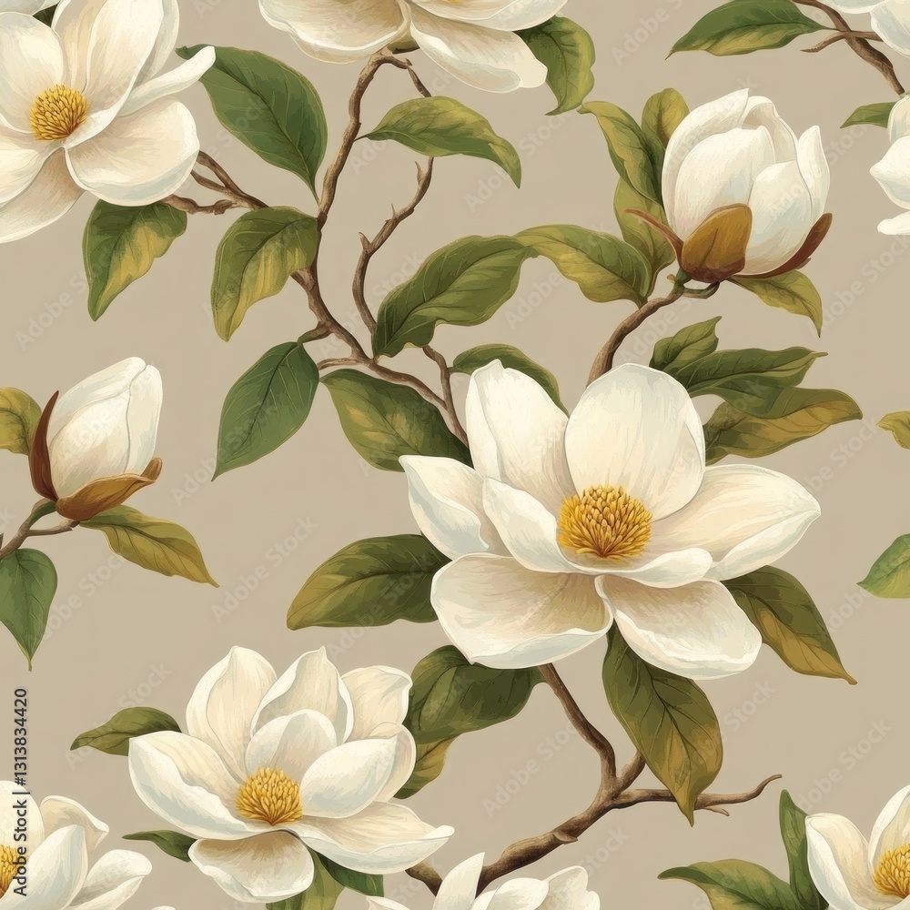 Seamless pattern of white magnolia flowers and branches on beige background. Seamless pattern of white magnolia flowers and branches on beige background.