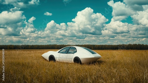 A futuristic white vehicle parked in a golden grassy field