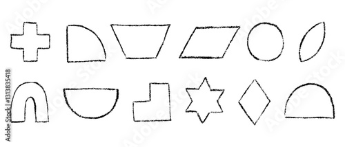 Set of black and white geometric figures in hand drawn sketch style. Silhouettes of chalk pencil or crayon textured outline shapes. Vector graphic elements isolated on a white background.