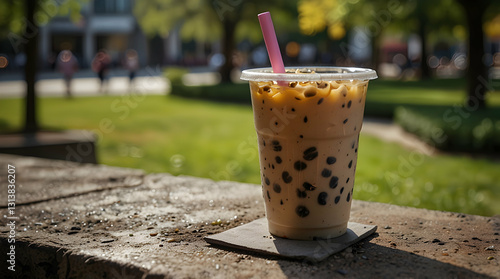 Fototapeta Naklejka Na Ścianę i Meble -  Iced Boba Tea Resting on Park Wall