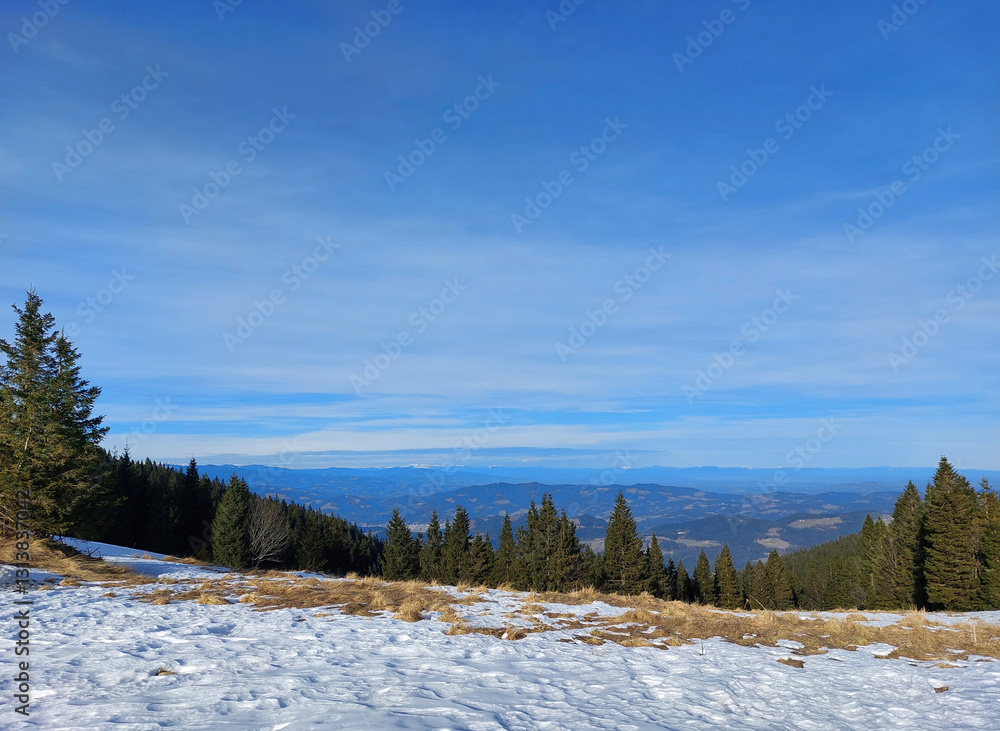 blue landscape in Slovenia. View form Pohorje mountains to horizon