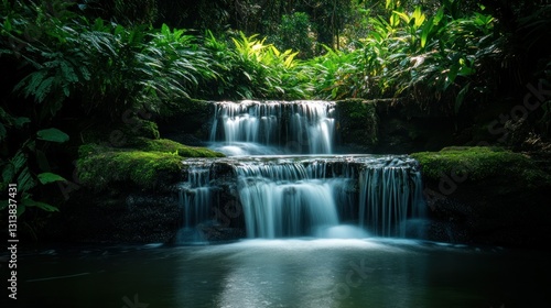 Cascading waters flow gracefully down mossy rocks into a tranquil pool