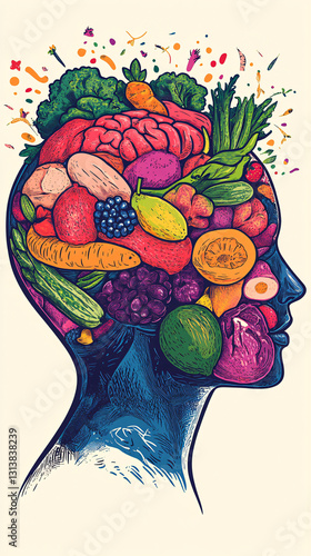 Colorful Human Head Profile with Fruits and Vegetables in Brain