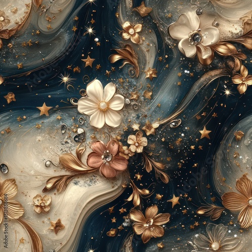 Seamless beautiful white flowers with wavy and floral background in blue pattern